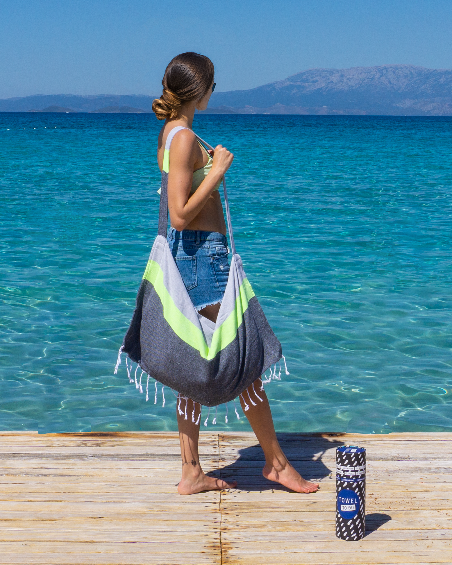 Neon Two-in-One Beach Towel and Bag, Grey, Black, Recycled Cotton with